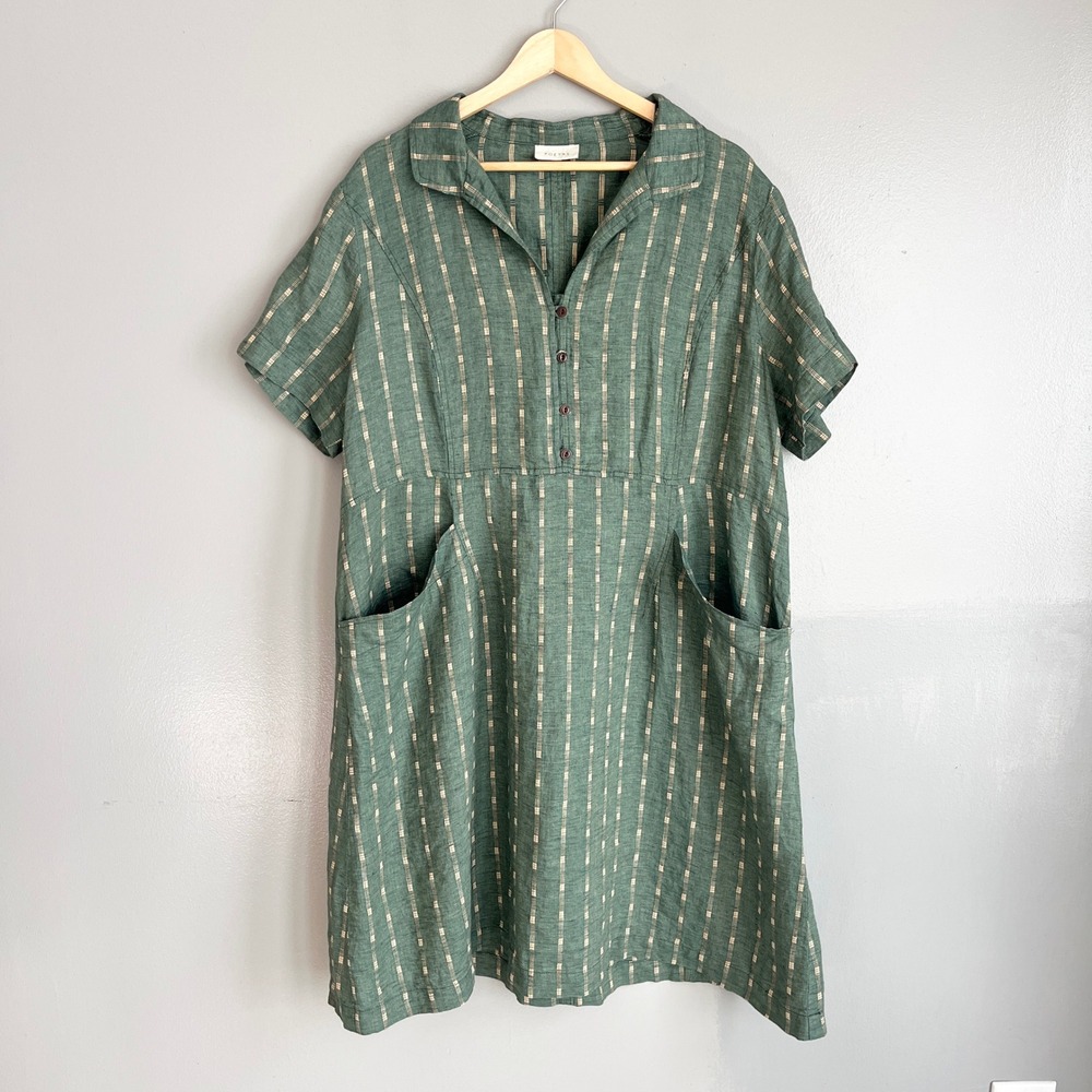Poetry Dress Womens Size 14 Green Striped Linen Cotton Pockets Boho Lagenlook